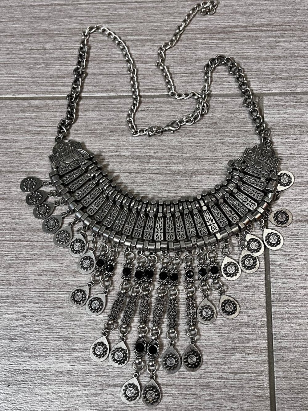 Silver Tone Bohemian Bib Necklace.  Dangle Metalwork Festival Statement  EUC